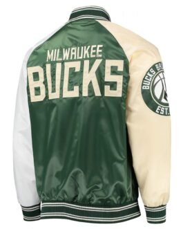 Milwaukee Bucks Hunter Green and Cream Varsity Satin Jacket
