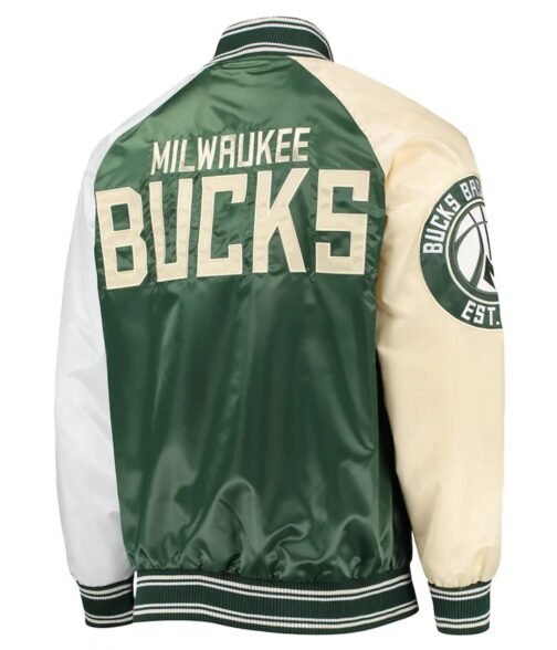 Milwaukee Bucks Hunter Green and Cream Varsity Satin Jacket - Image 2