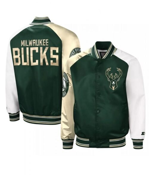 Milwaukee Bucks Hunter Green and Cream Varsity Satin Jacket - Image 3