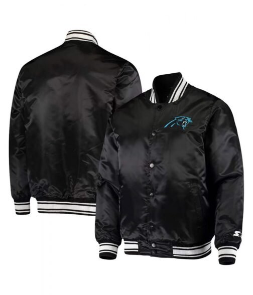 Carolina Panthers Locker Room Black Bomber Satin Jacket - Image 3
