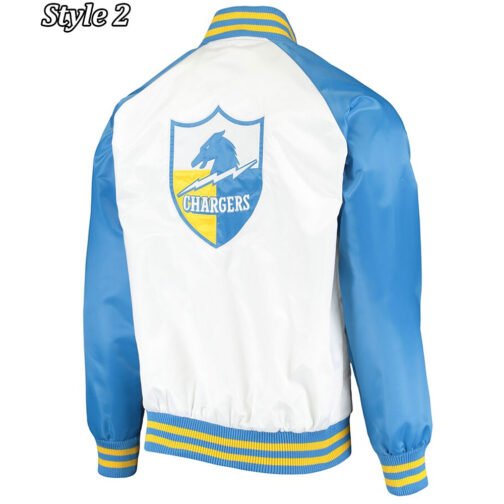 LA Chargers Renegade Throwback White and Powder Blue Varsity Satin Jacket - Image 4