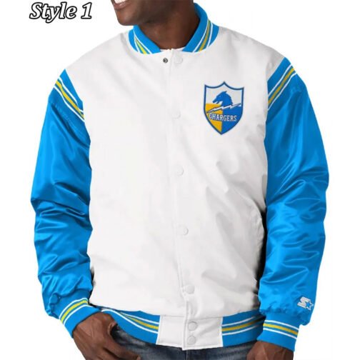 LA Chargers Renegade Throwback White and Powder Blue Varsity Satin Jacket - Image 7