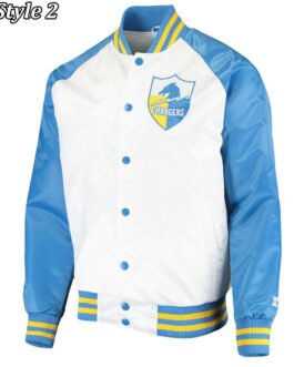 LA Chargers Renegade Throwback White and Powder Blue Varsity Satin Jacket