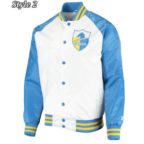 LA Chargers Renegade Throwback White and Powder Blue Varsity Satin Jacket - Image 2