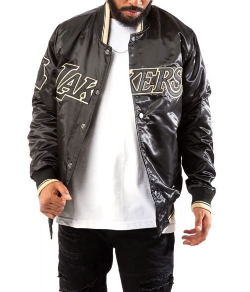 LA Lakers Black/Gold Satin Bomber Jacket - Image 3