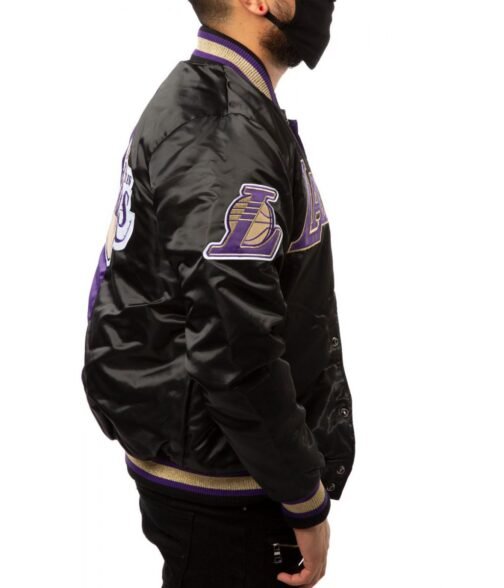 LA Lakers Purple and Black Satin Bomber Jacket - Image 4