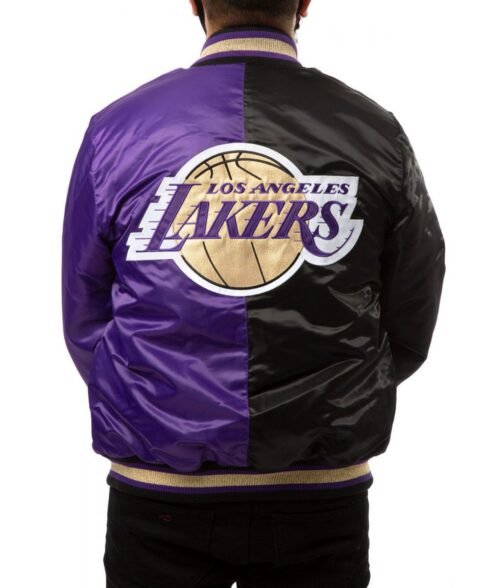 LA Lakers Purple and Black Satin Bomber Jacket - Image 2