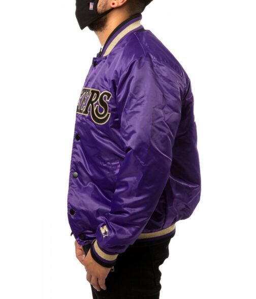 LA Lakers Purple and Black Satin Bomber Jacket - Image 5