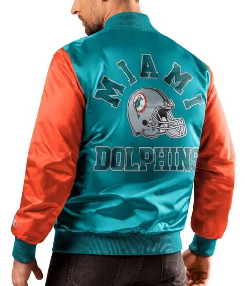 Miami Dolphins Locker Room Throwback Aqua/Orange Satin Varsity Jacket - Image 2