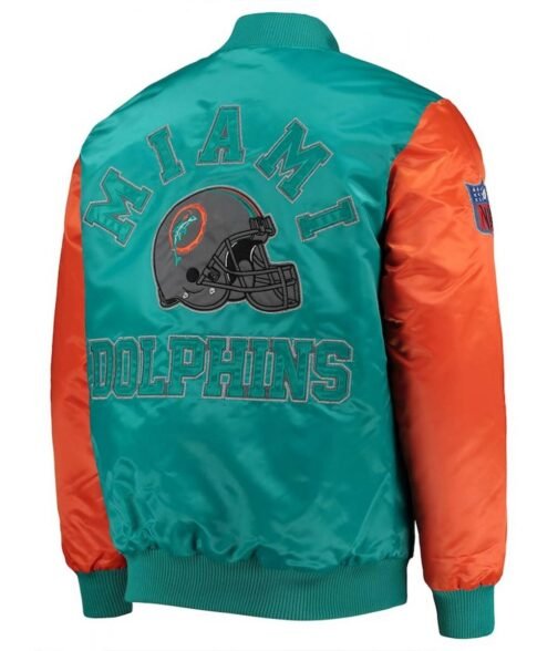 Miami Dolphins Locker Room Throwback Aqua/Orange Satin Varsity Jacket - Image 3