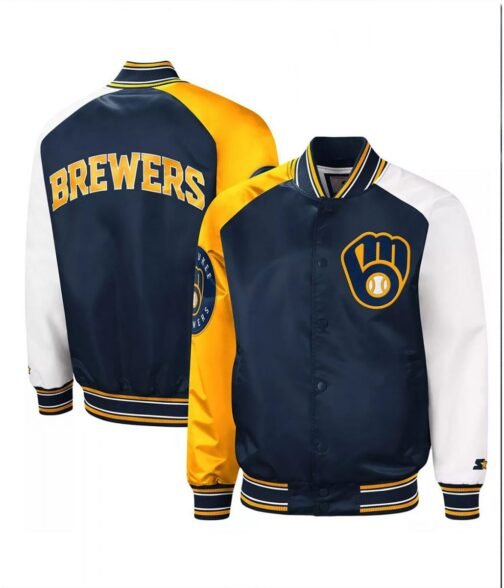 Milwaukee Brewers Reliever Satin Raglan Full-Snap Blue and Yellow Jacket - Image 3