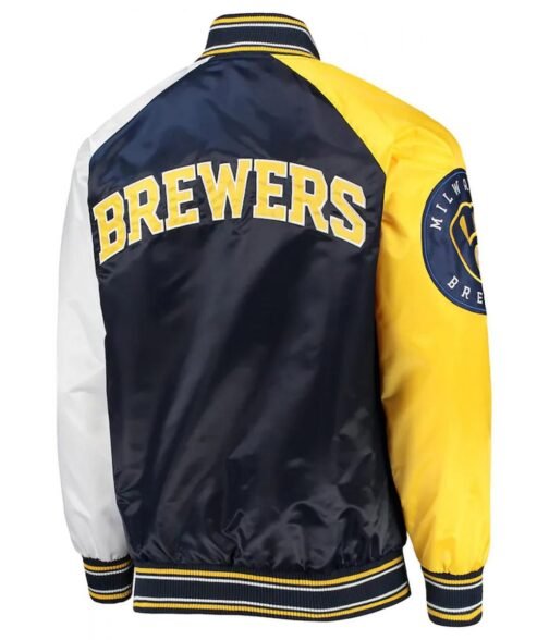Milwaukee Brewers Reliever Satin Raglan Full-Snap Blue and Yellow Jacket - Image 2
