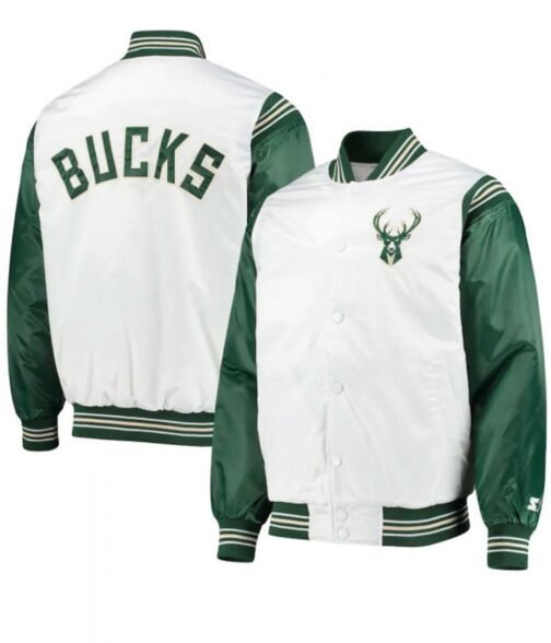 Milwaukee Bucks Starter Satin White and Green Jacket - Image 3