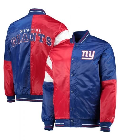 NY Giants Leader Red and Blue Full-Snap Satin Varsity Jacket - Image 3