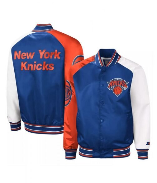 NY Knicks Reliever Raglan Royal Blue and Orange Satin Jacket - Image 3