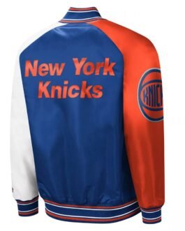 NY Knicks Reliever Raglan Royal Blue and Orange Satin Jacket