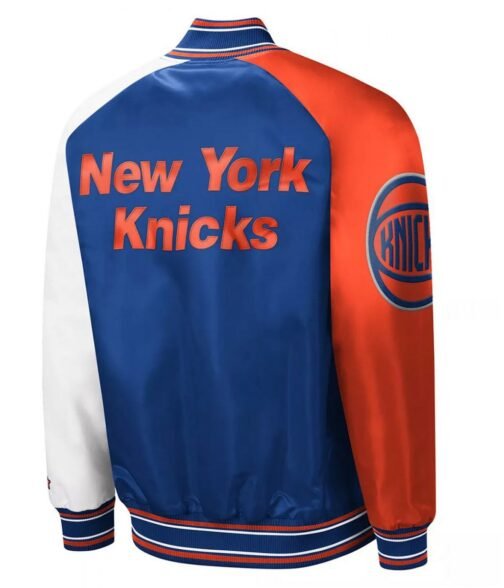 NY Knicks Reliever Raglan Royal Blue and Orange Satin Jacket - Image 2