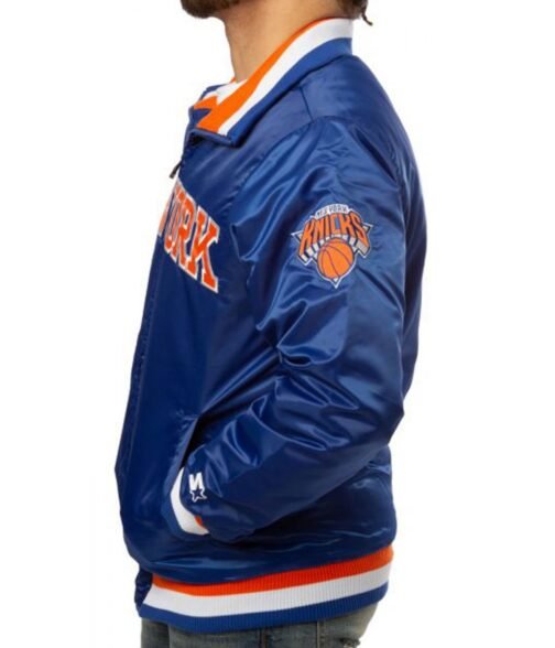 New York Knicks Starter Bomber Blue Satin Jacket - Image 4