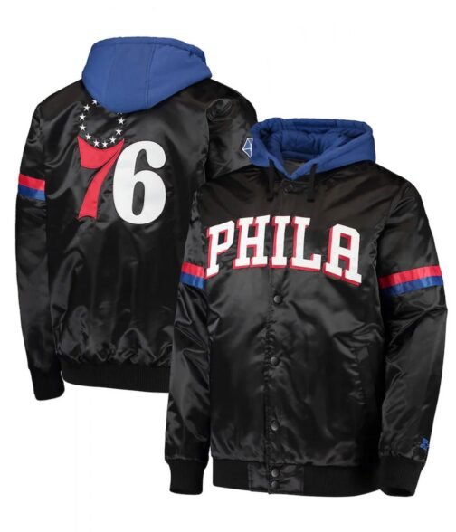 Varsity Philadelphia 76ers Black/Royal Full-Snap Hoodie Jacket - Image 3