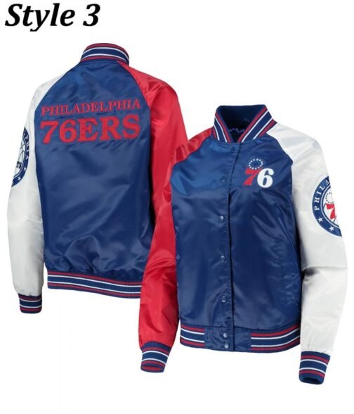 Philadelphia 76ers Red and Royal Blue Varsity Satin Jacket - Image 11