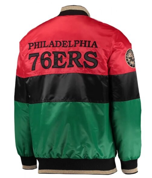 Philadelphia 76ers Red/Black/Green Satin Full-Zip Jacket - Image 2