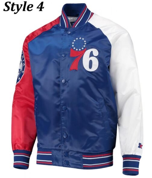 Philadelphia 76ers Red and Royal Blue Varsity Satin Jacket - Image 4