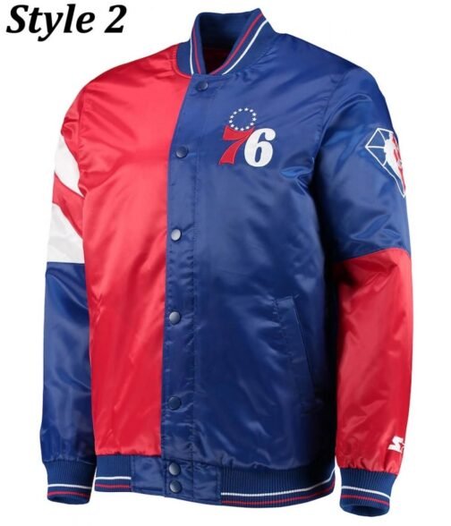 Philadelphia 76ers Red and Royal Blue Varsity Satin Jacket - Image 2