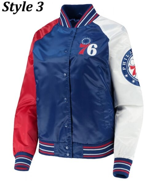 Philadelphia 76ers Red and Royal Blue Varsity Satin Jacket - Image 3
