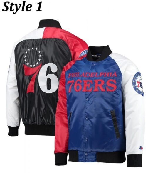 Philadelphia 76ers Red and Royal Blue Varsity Satin Jacket - Image 9