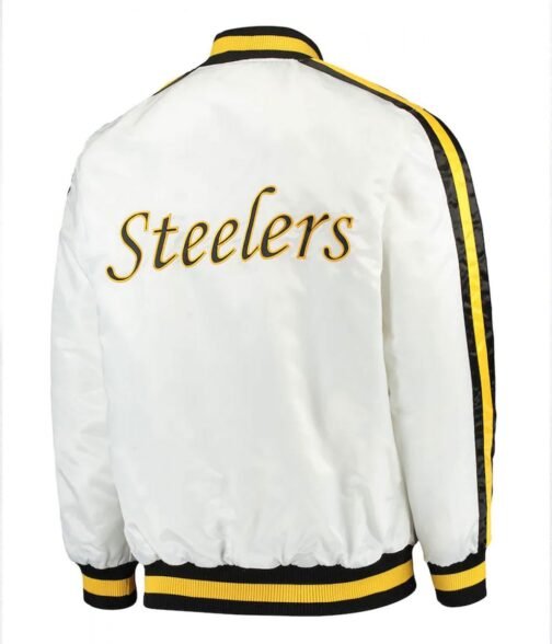 Pittsburgh Steelers Throwback D-Line White Varsity Satin Jacket - Image 2