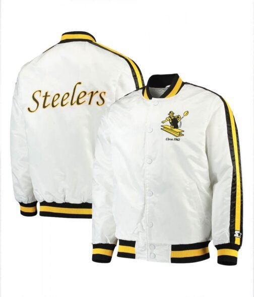 Pittsburgh Steelers Throwback D-Line White Varsity Satin Jacket - Image 4
