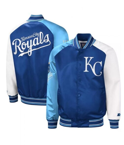 Kansas City Royals Reliever Royal and Light Blue Varsity Satin Jacket - Image 3