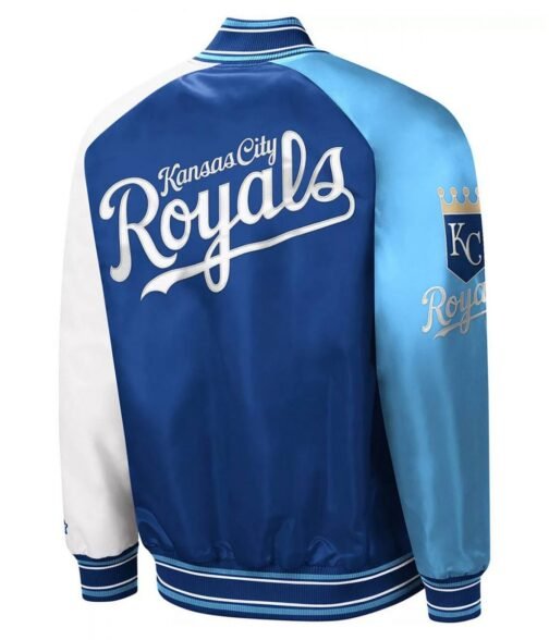 Kansas City Royals Reliever Royal and Light Blue Varsity Satin Jacket - Image 2