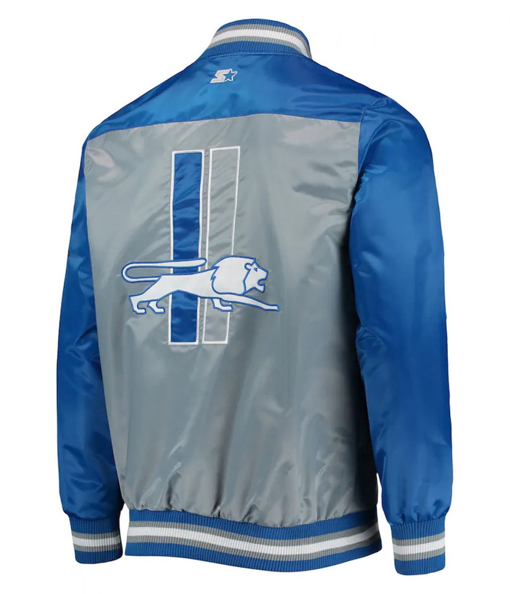 Detroit Lions The Tradition II Grey and Blue Varsity Satin Jacket - Image 2