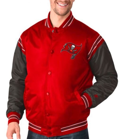 Tampa Bay Buccaneers Bomber Red and Black Satin Jacket - Image 4