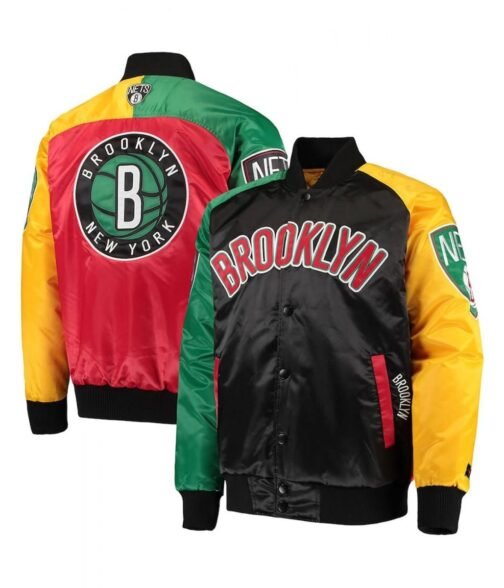 Ty Mopkins Brooklyn Nets Varsity Satin Black/Red Jacket - Image 3