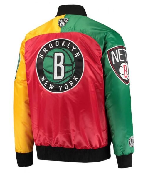 Ty Mopkins Brooklyn Nets Varsity Satin Black/Red Jacket - Image 2