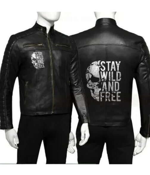 Stay Wild and Free Halloween Black Leather Biker Jacket - Image 3