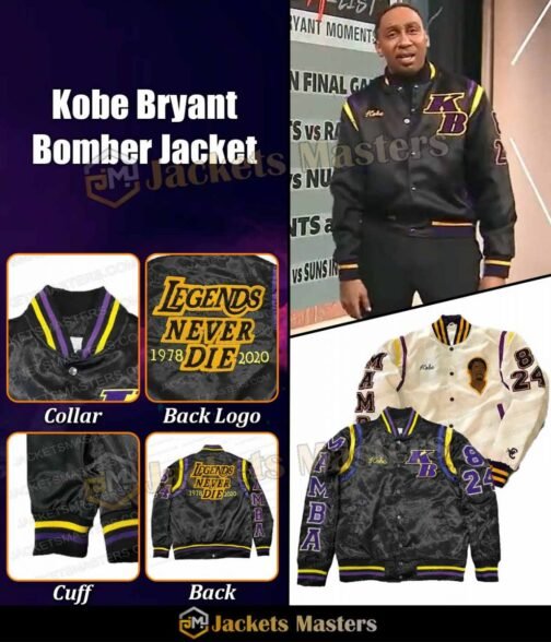 Kobe Bryant Stephen A Smith Black/White Satin Bomber Jacket - Image 13