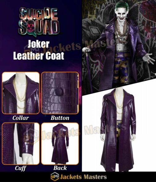 Joker Suicide Squad Purple Leather Trench Coat - Image 12