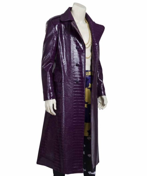 Joker Suicide Squad Purple Leather Trench Coat - Image 4