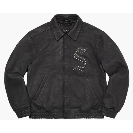 Supreme Pebbled Varsity Black Leather Jacket