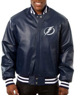 Varsity Tampa Bay Lightning Navy Blue Leather Jacket