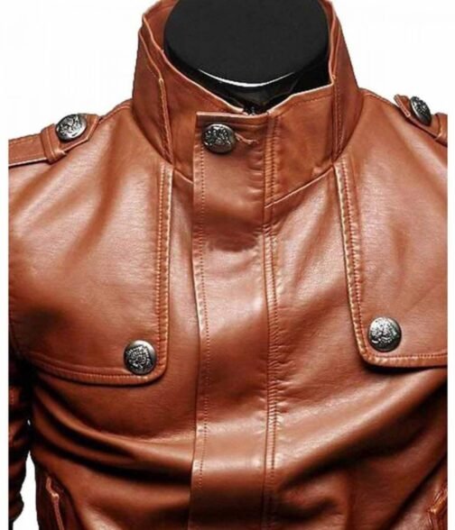 Men’s Slim Fit Tan Button Front Brown Leather Jacket - Image 4