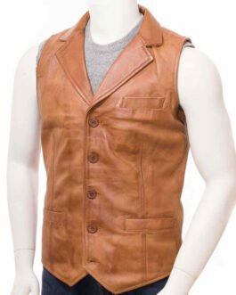Men’s Tan Brown Button Closure Leather Vest