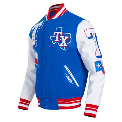 Texas Rangers Mashup Royal and White Varsity Jacket - Image 3