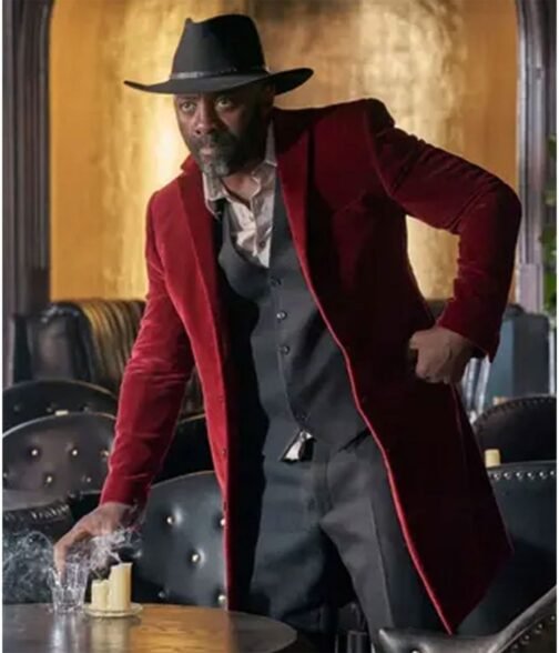 Idris Elba The Harder They Fall Red Velvet Coat - Image 2