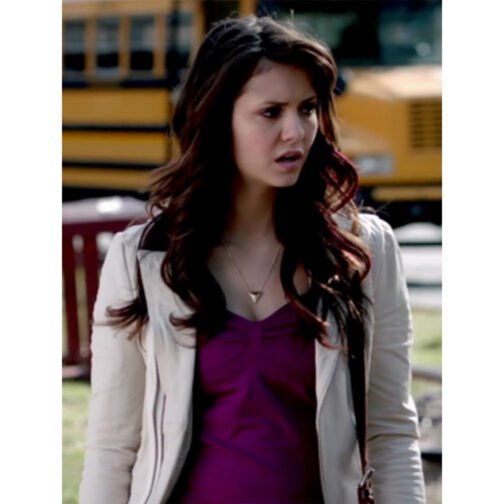 The Vampire Diaries S04 Nina Dobrev Beige Leather Jacket - Image 2