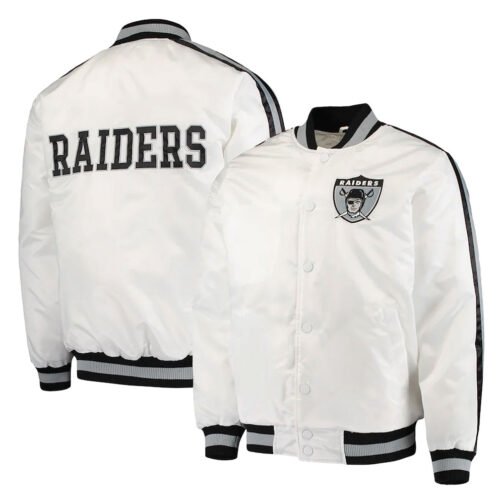 Throwback D-Line Las Vegas Raiders White Satin Jacket - Image 3