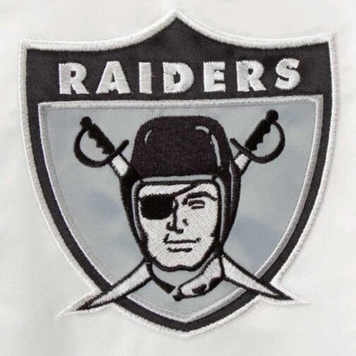 Throwback D-Line Las Vegas Raiders White Satin Jacket - Image 5